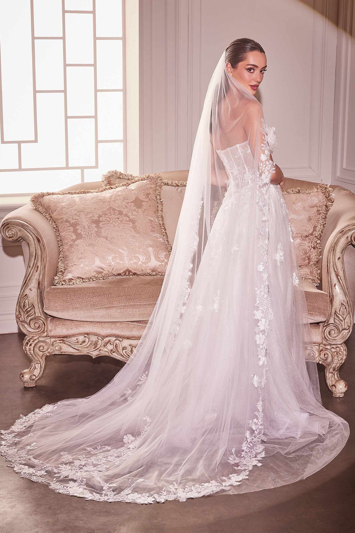 Beaded Floral Edge Chapel Veil - Glamourous Grace