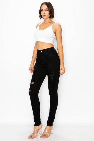 Linda - High Rise Destructed Black Skinny