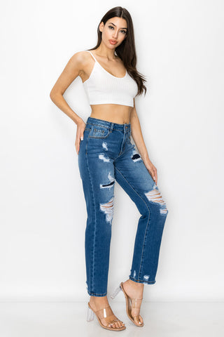 Kelsey - High Rise Patch Destroyed Straight Leg