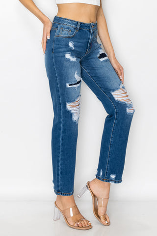 Kelsey - High Rise Patch Destroyed Straight Leg