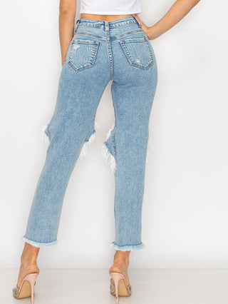 Hallie - High Rise Knee Hole Destructed 50/50 Straight Leg