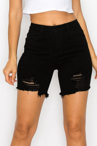 Melissa - Black High Rise Destructed Fray Midi Shorts