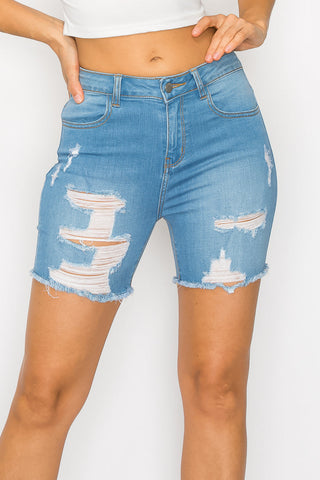 Eliana - Light High Rise Destructed Fray Midi Shorts
