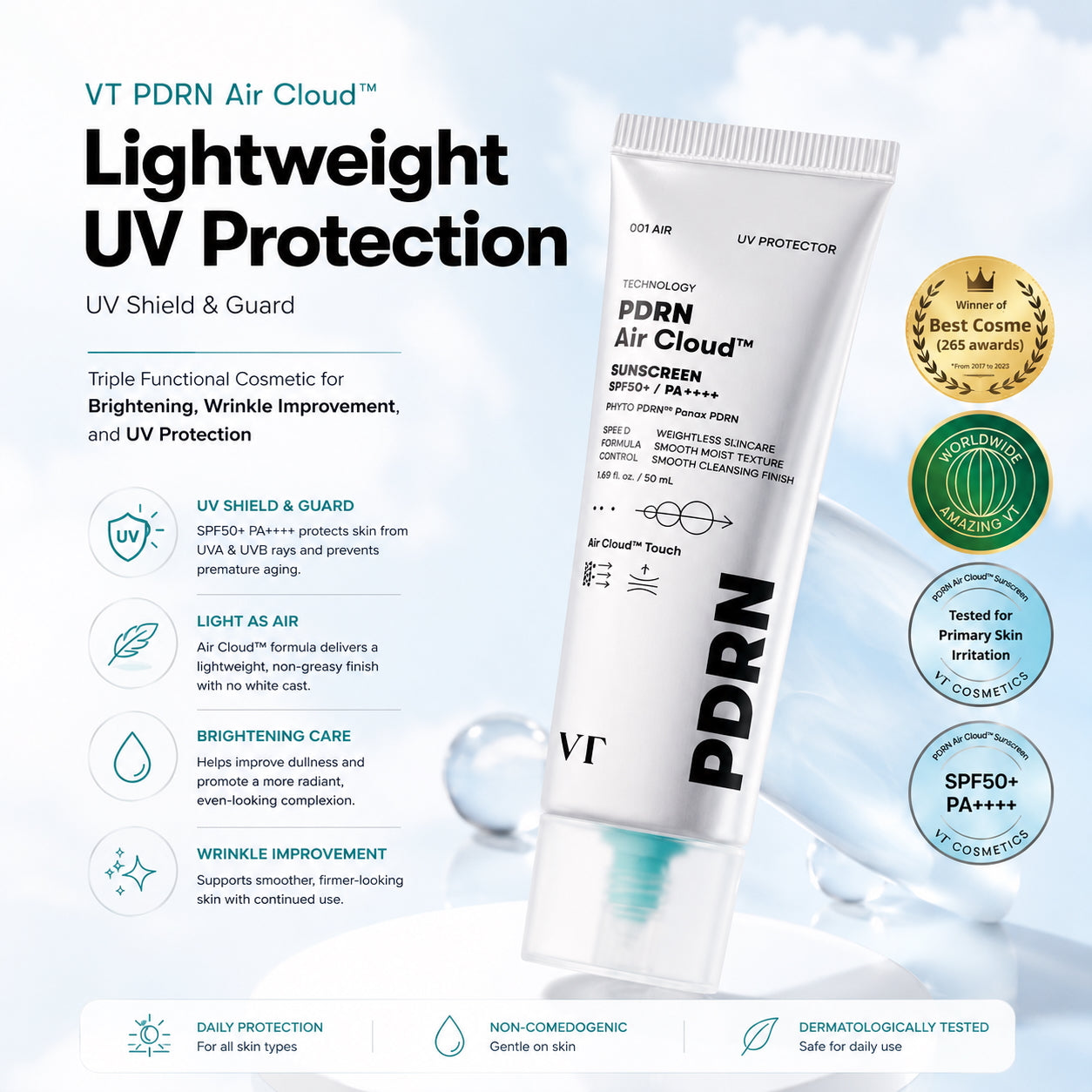 VT - PDRN Air Cloud Sunscreen SPF 50+ / PA ++++ (2 X 50ml)