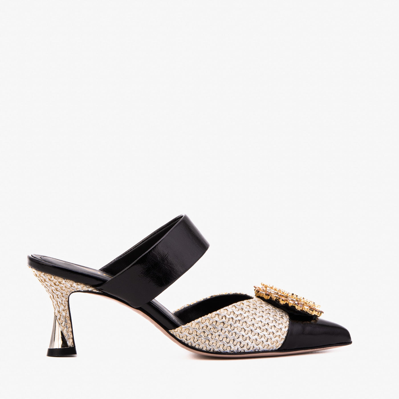 The Valencia Black & Cream Jewel Heel Women's Mule Sandal - Glamourous Grace