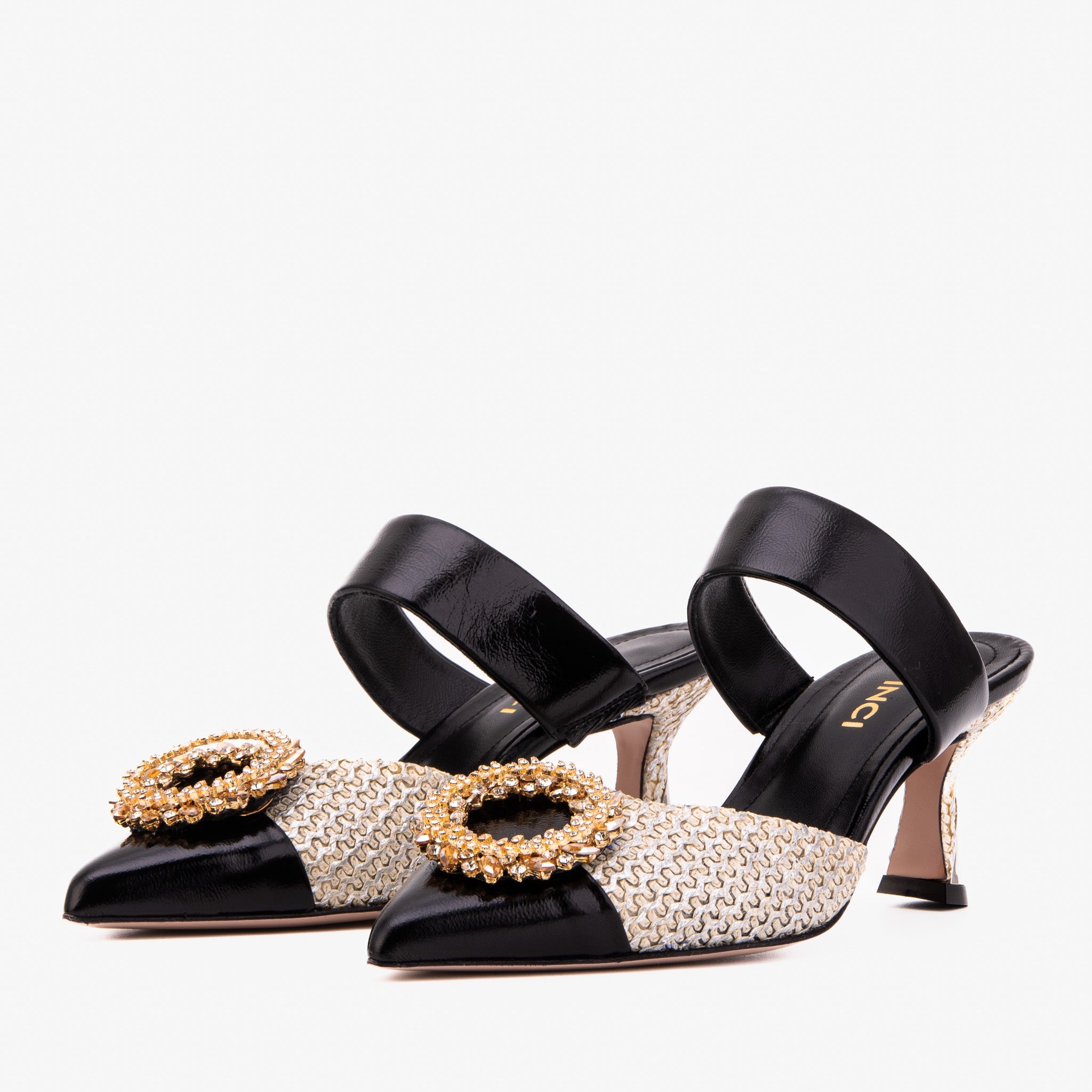 The Valencia Black & Cream Jewel Heel Women's Mule Sandal - Glamourous Grace
