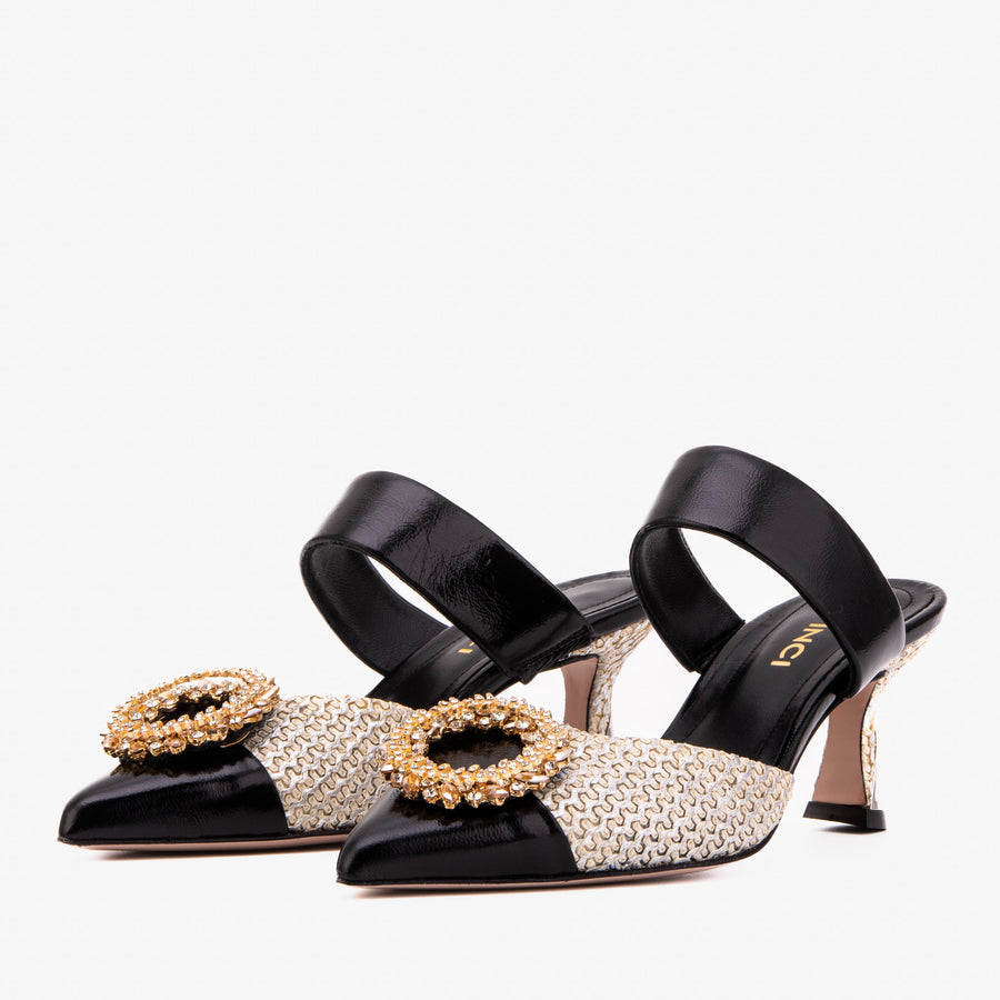 The Valencia Black & Cream Jewel Heel Women's Mule Sandal - Glamourous Grace