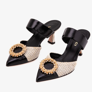 The Valencia Black & Cream Jewel Heel Women's Mule Sandal - Glamourous Grace