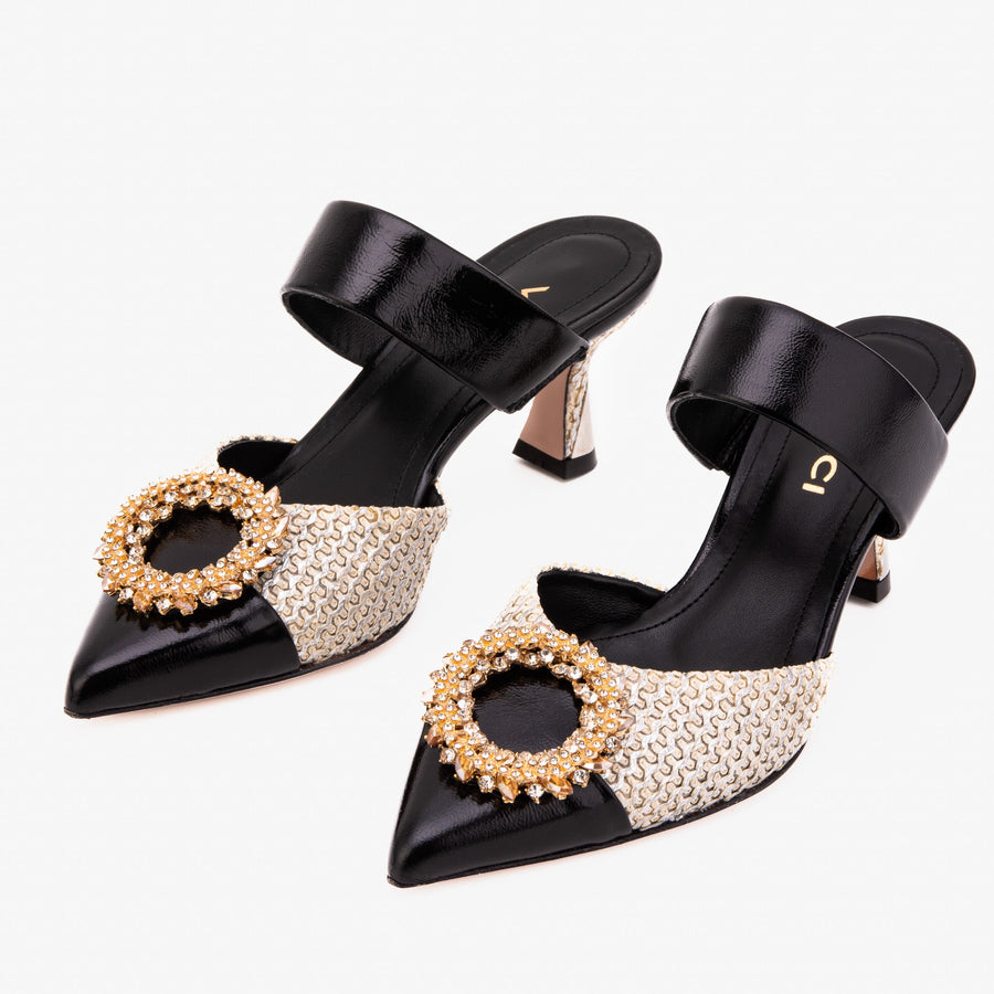 The Valencia Black & Cream Jewel Heel Women's Mule Sandal - Glamourous Grace