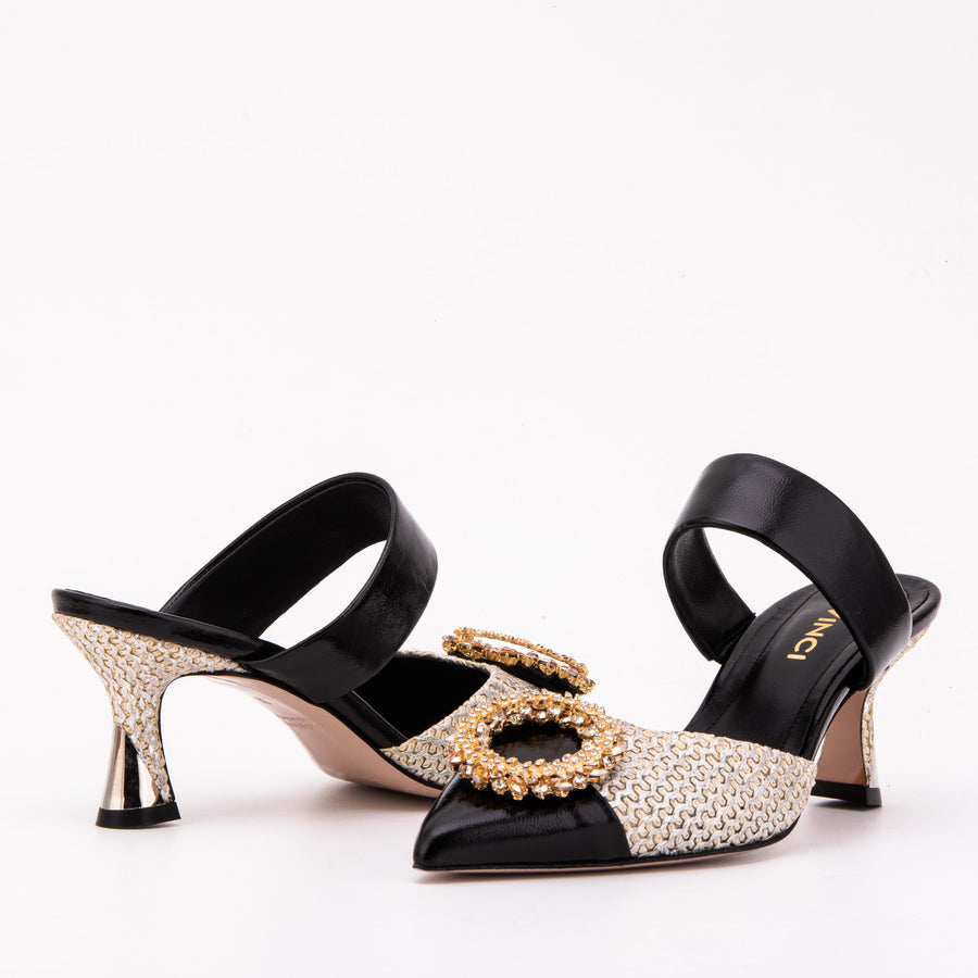 The Valencia Black & Cream Jewel Heel Women's Mule Sandal - Glamourous Grace