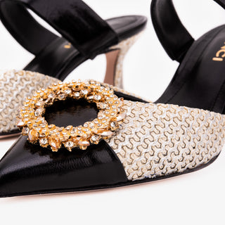 The Valencia Black & Cream Jewel Heel Women's Mule Sandal - Glamourous Grace