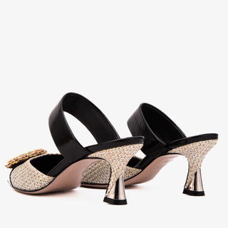 The Valencia Black & Cream Jewel Heel Women's Mule Sandal - Glamourous Grace