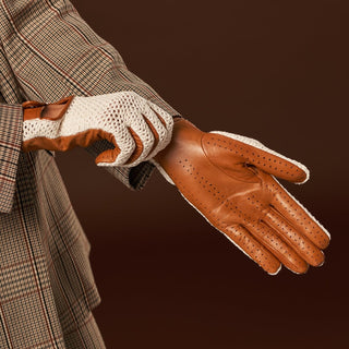 Valeria (cognac) - Hand-sewn Italian crochet driving gloves from lambskin leather - Glamourous Grace
