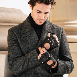 Vincenzo (black) - Fingerless Italian driving gloves made of American deerskin leather - Glamourous Grace
