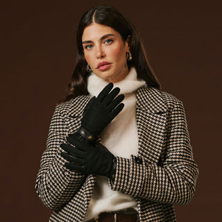 Violetta (black) - Italian tweed women's gloves with touchscreen capability and adjustable snap button - Glamourous Grace