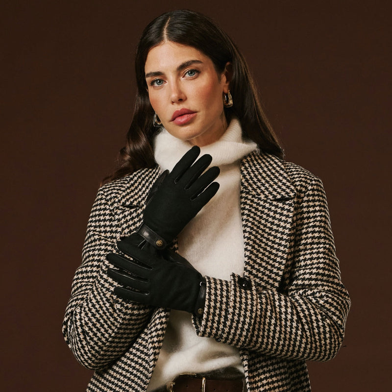 Violetta (black) - Italian tweed women's gloves with touchscreen capability and adjustable snap button - Glamourous Grace