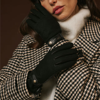 Violetta (black) - Italian tweed women's gloves with touchscreen capability and adjustable snap button - Glamourous Grace