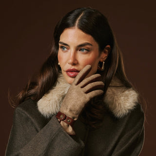 Violetta (brown) - Italian tweed women's gloves with touchscreen capability and adjustable snap button - Glamourous Grace