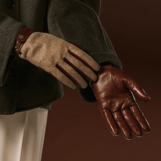 Violetta (brown) - Italian tweed women's gloves with touchscreen capability and adjustable snap button - Glamourous Grace