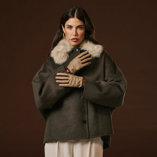 Violetta (brown) - Italian tweed women's gloves with touchscreen capability and adjustable snap button - Glamourous Grace
