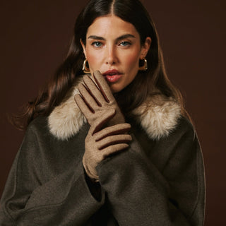 Violetta (brown) - Italian tweed women's gloves with touchscreen capability and adjustable snap button - Glamourous Grace