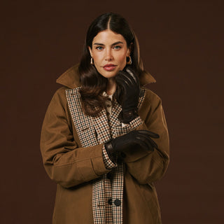 Violetta (dark brown) - Italian tweed women's gloves with touchscreen capability and adjustable snap button - Glamourous Grace