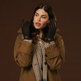 Violetta (dark brown) - Italian tweed women's gloves with touchscreen capability and adjustable snap button - Glamourous Grace