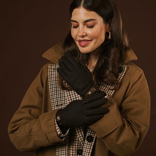 Violetta (dark brown) - Italian tweed women's gloves with touchscreen capability and adjustable snap button - Glamourous Grace