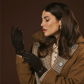 Violetta (dark brown) - Italian tweed women's gloves with touchscreen capability and adjustable snap button - Glamourous Grace