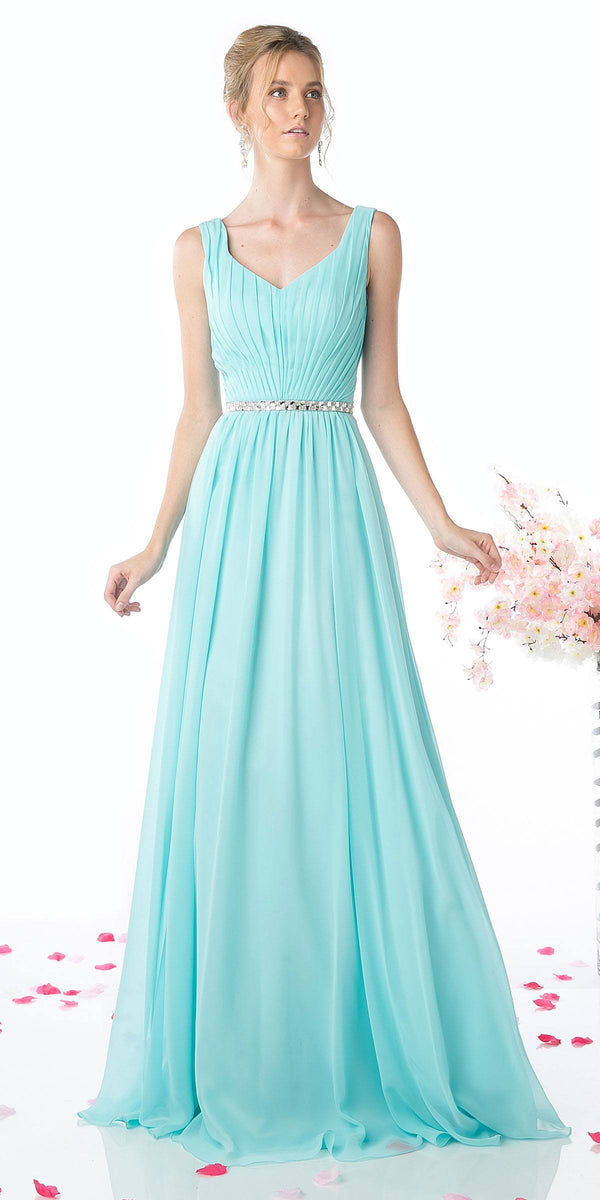 Cinderella Divine W0014 Long Gown Sleeveless Pleated Rhinestone Waist - Glamourous Grace
