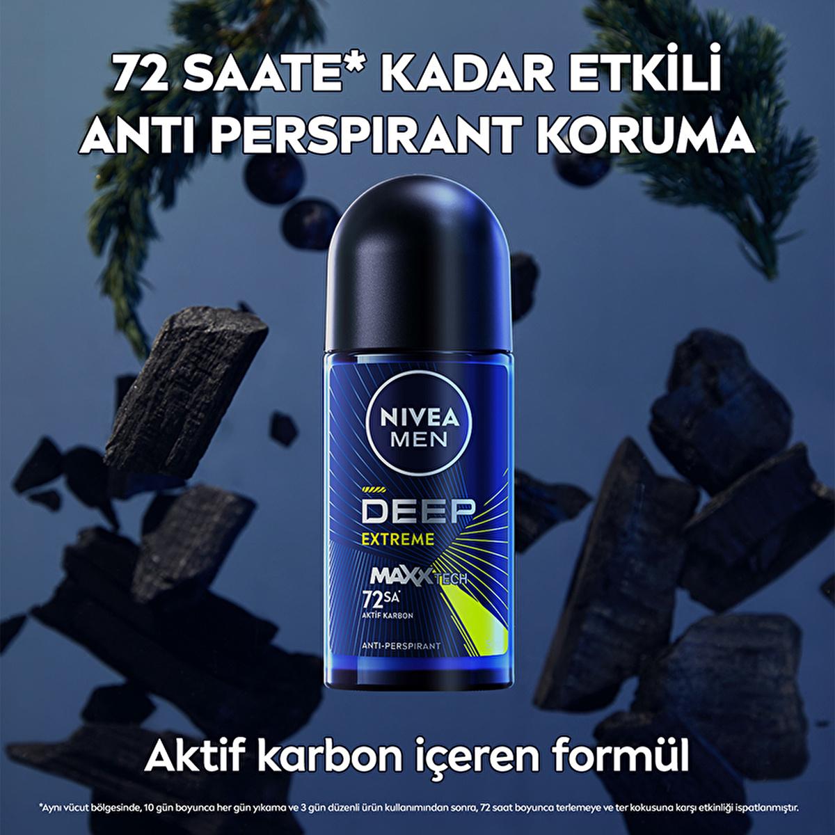 Nivea Men Deep Extreme Roll-on Deodorant for Active Men - Long Lasting Anti-Perspirant Protection, 72 Hours Sweat Control, Active Carbon Formula - Glamourous Grace