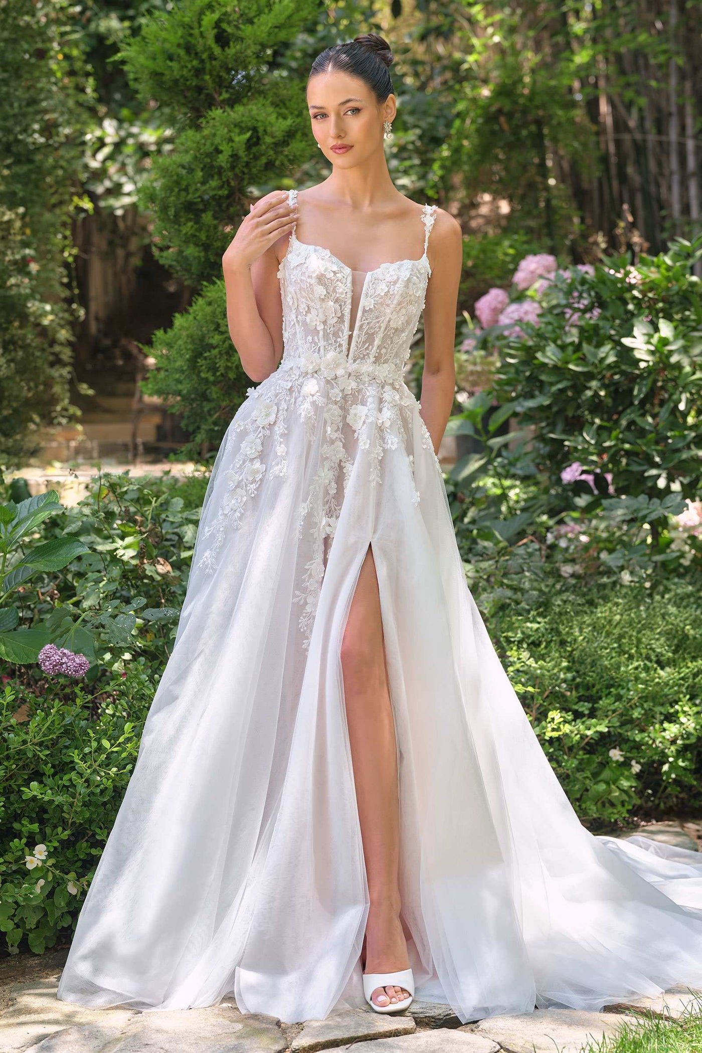 Andrea & Leo WL063 A-Line Wedding Gown Plunging Neckline Floral Straps - Glamourous Grace