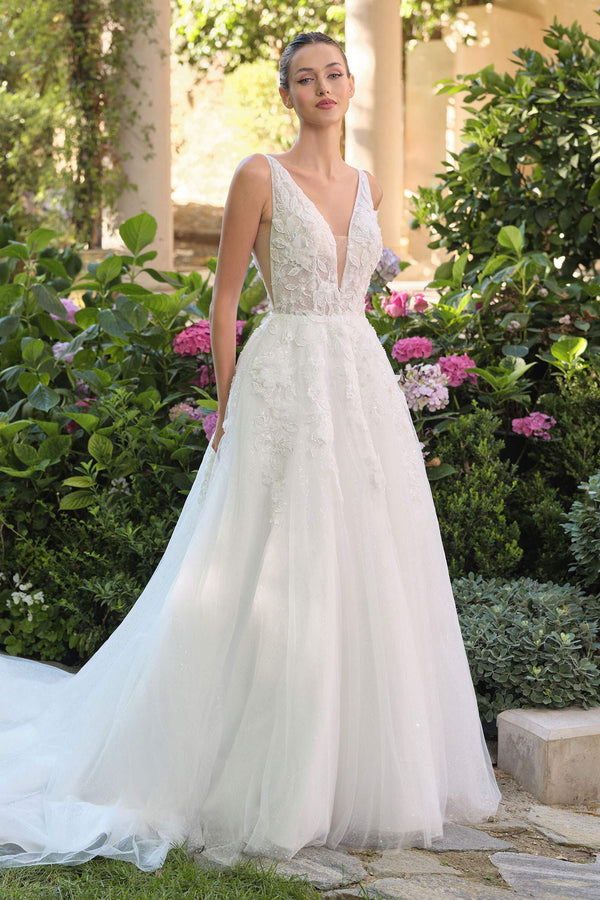 Andrea & Leo WL064 Deep V-Neckline A-Line Wedding Ball Gown - Glamourous Grace