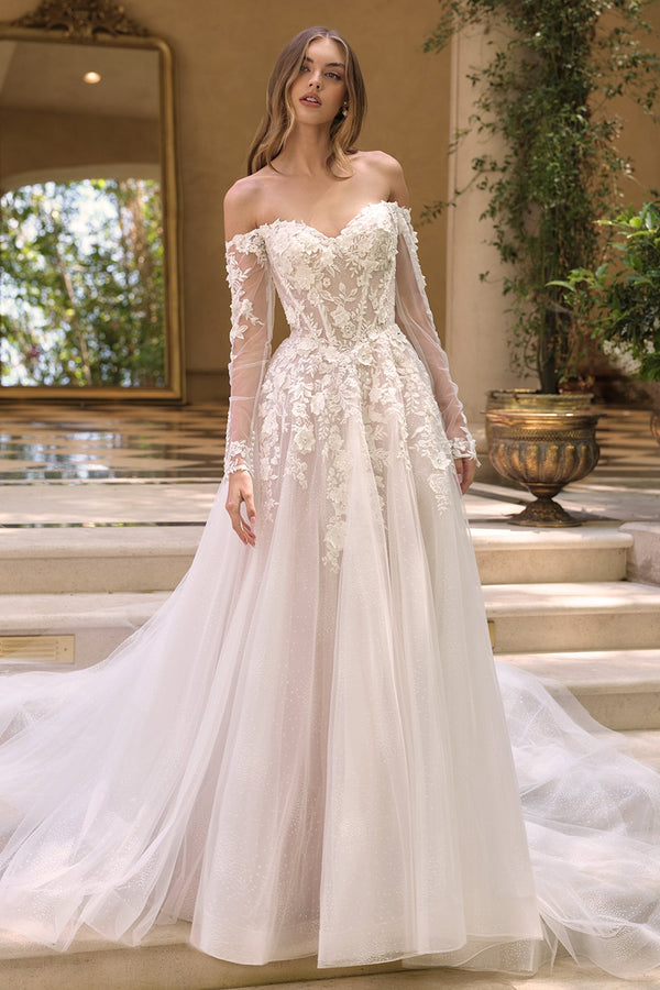 Andrea & Leo WL067 Off the Shoulder Sheer Illusion Sleeves Wedding Ball Gown - Glamourous Grace