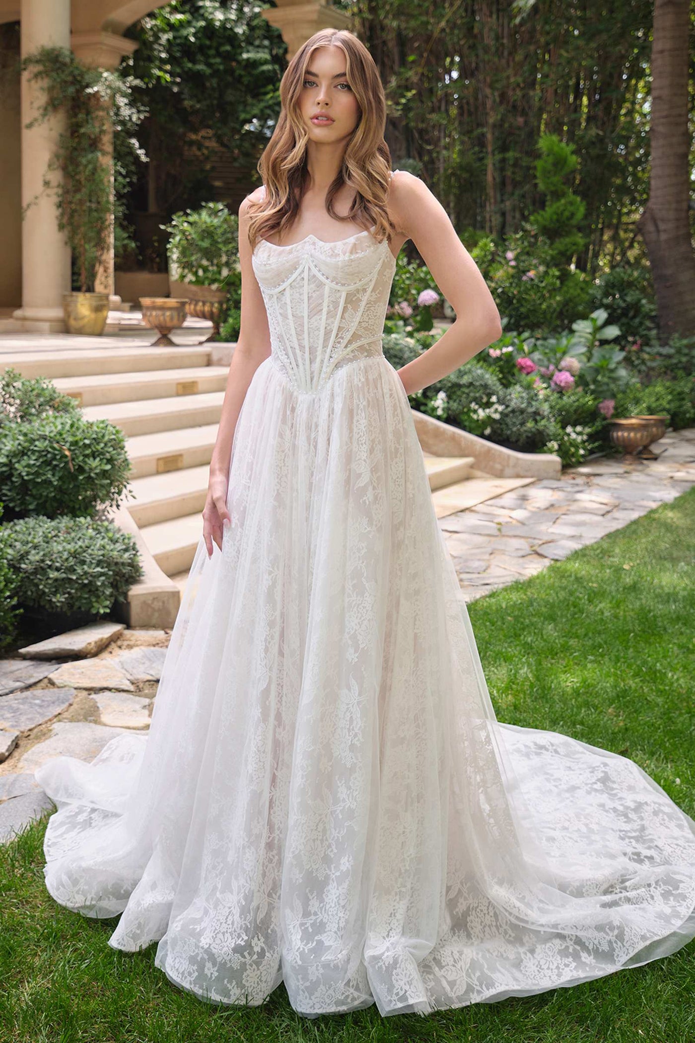Andrea & Leo WL069 Off White/Nude A-Line Scoop Neckline Lace Wedding Dress - Glamourous Grace