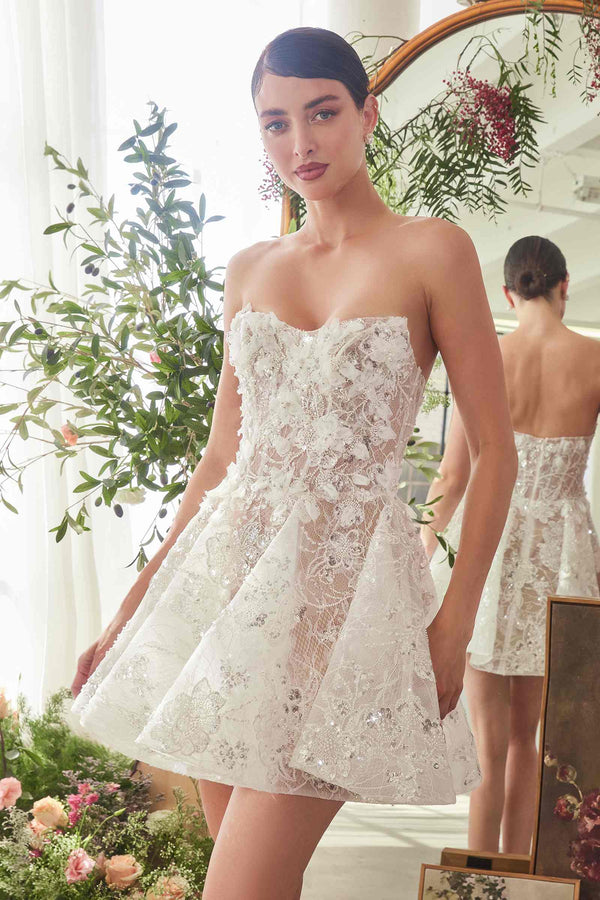 Andrea & Leo WL082 Bridal Mini A-Line Dress With Floral Applique - Glamourous Grace