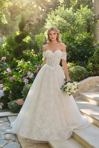 Andrea & Leo WL090 Embroidered Lace Tulle Off Shoulder Wedding Ball Gown - Glamourous Grace