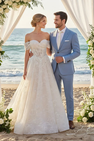 Andrea & Leo WL090 Embroidered Lace Tulle Off Shoulder Wedding Ball Gown - Glamourous Grace