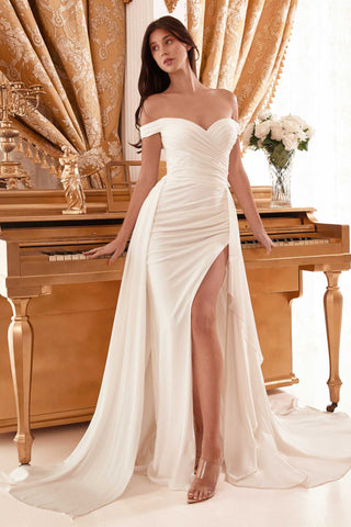 CLEARANCE - Ladivine WN315 Long Draped Off The Shoulder Bridal Gown With Overskirt (Size 10)