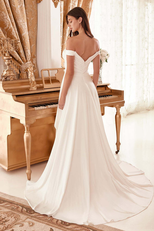 CLEARANCE - Ladivine WN315 Long Draped Off The Shoulder Bridal Gown With Overskirt (Size 10) - Glamourous Grace
