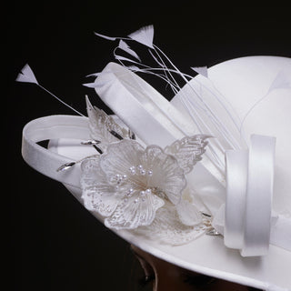 White Bridal Hat with Flower and Ribbon - Glamourous Grace