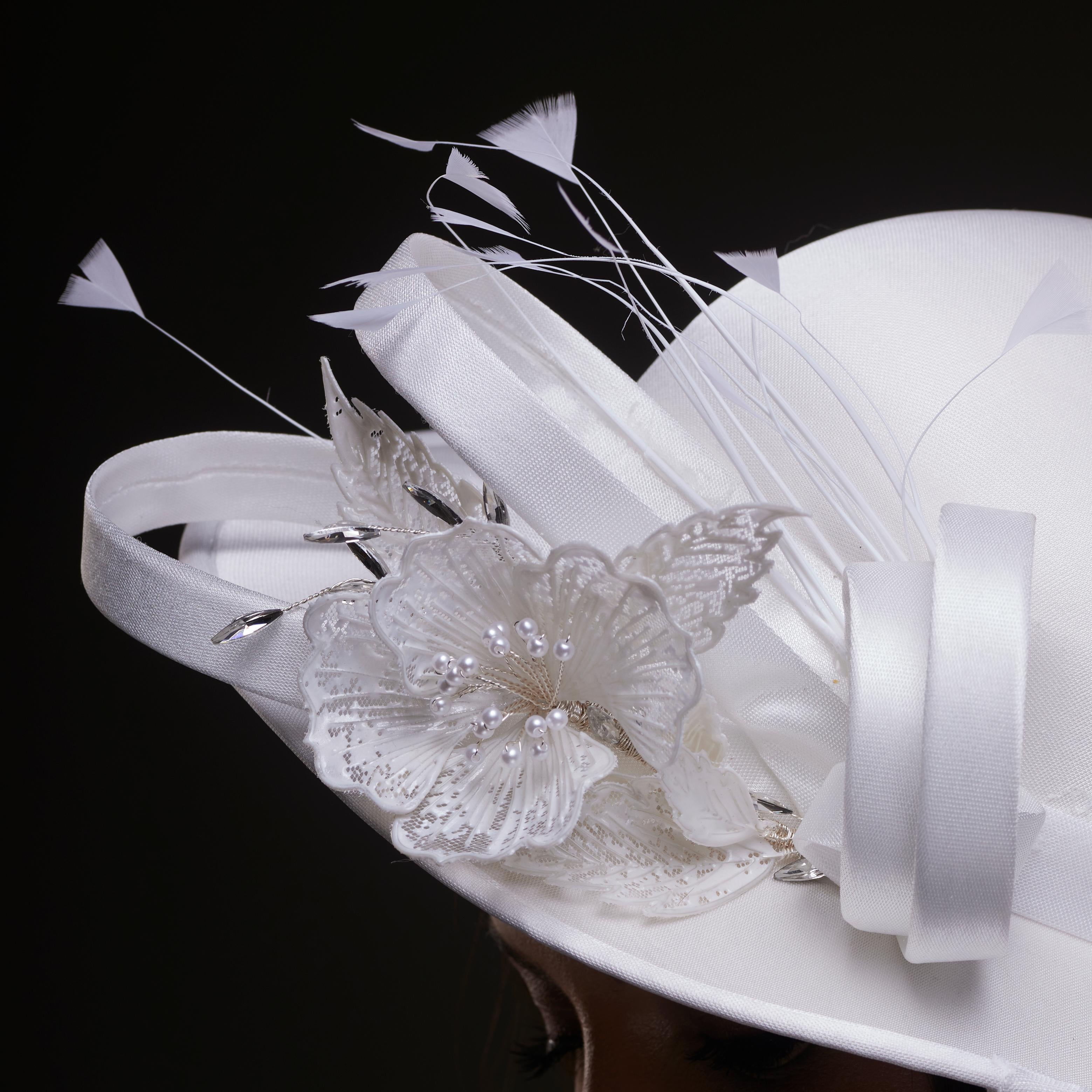 White Bridal Hat with Flower and Ribbon - Glamourous Grace