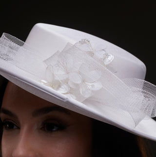 White Bridal Hat with Pearls and Flowers - Glamourous Grace