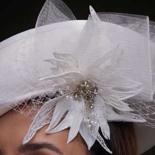 White Bridal Hat with Sculpted Flower - Glamourous Grace