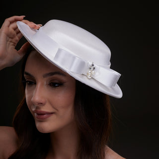 White Satin Hat with Bow and Pearls - Glamourous Grace