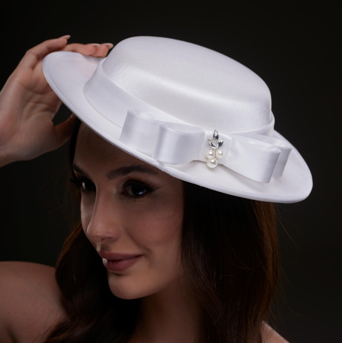 White Satin Hat with Bow and Pearls - Glamourous Grace