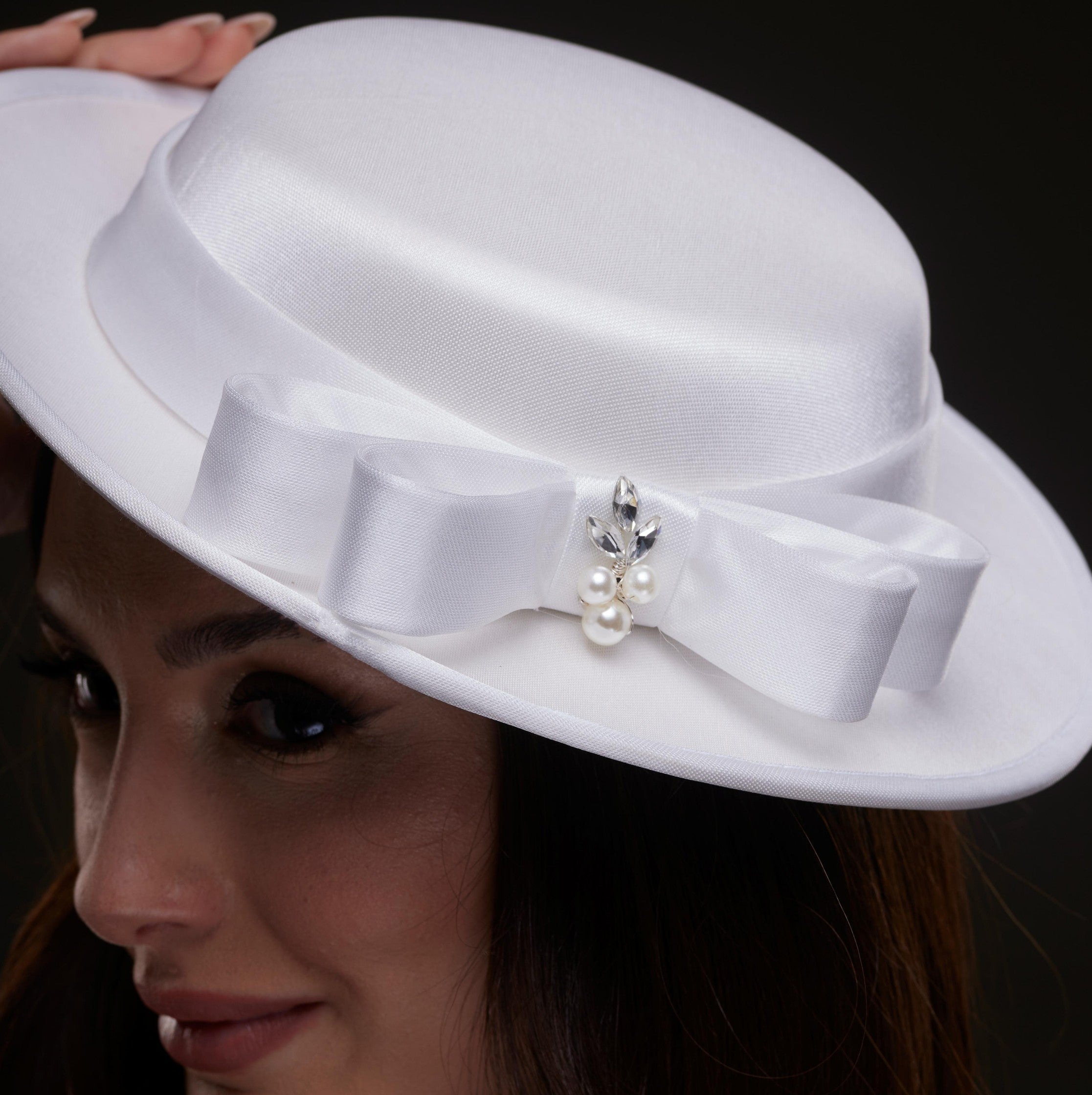 White Satin Hat with Bow and Pearls - Glamourous Grace