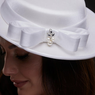 White Satin Hat with Bow and Pearls - Glamourous Grace