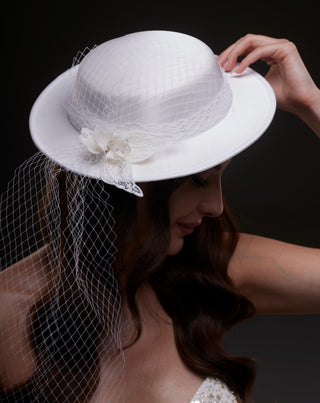 White Satin Hat with Flower and Veil Netting - Glamourous Grace