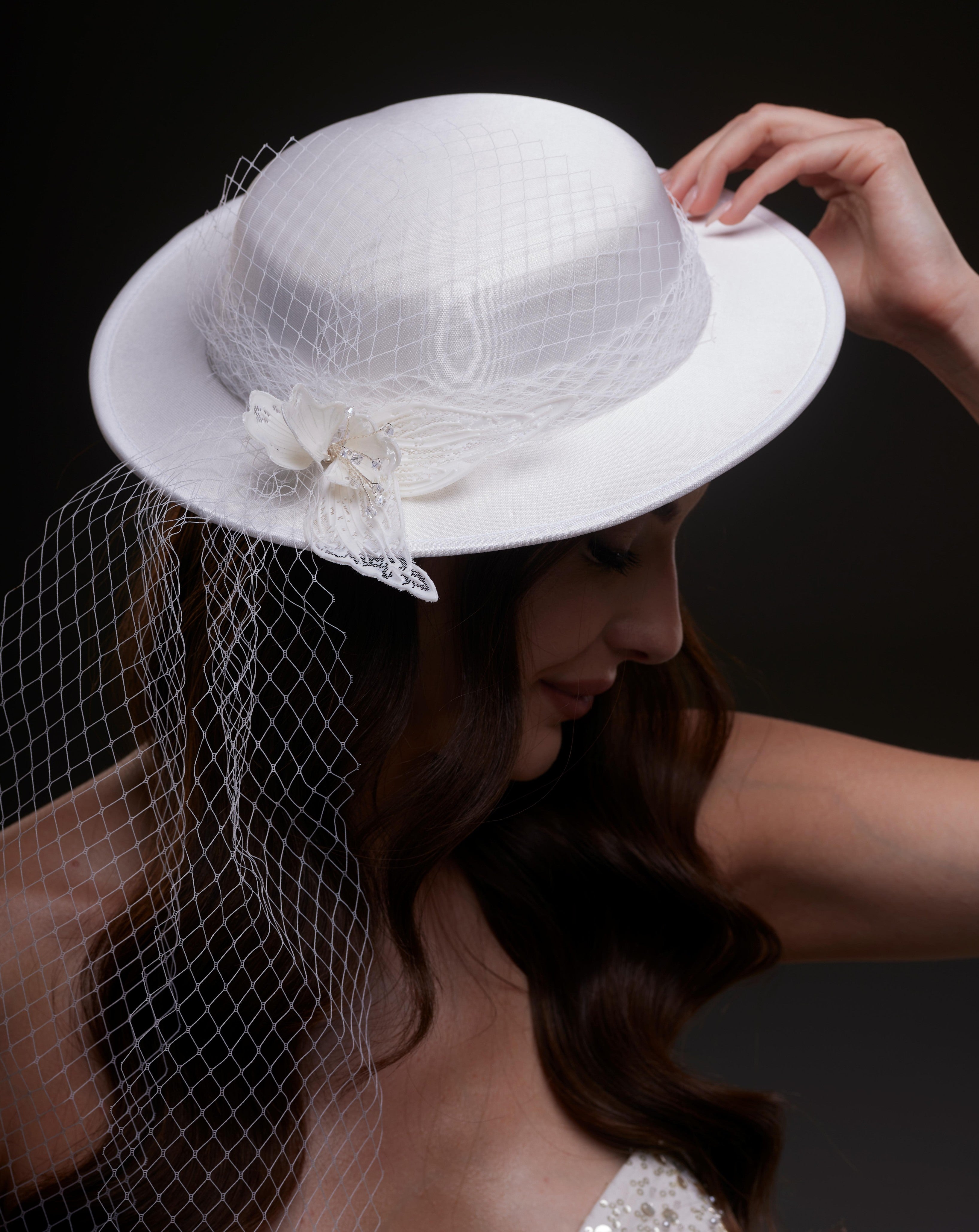 White Satin Hat with Flower and Veil Netting - Glamourous Grace